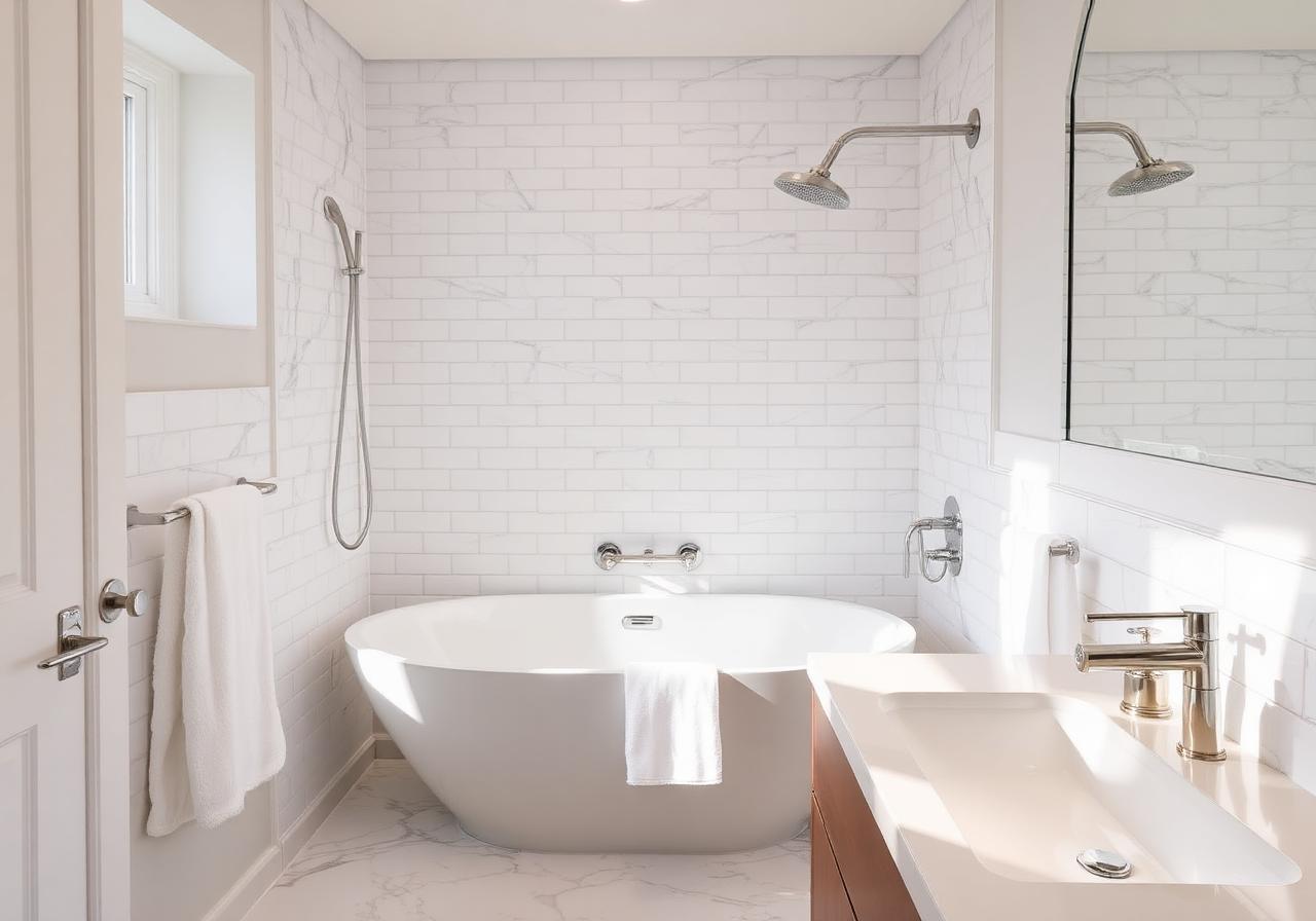 Bathrooms — Marble-look tile, deep tubs, modern vanities.
